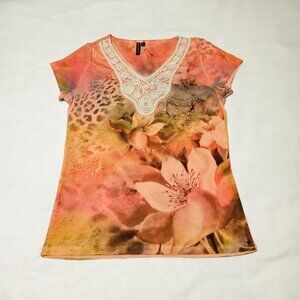Susan Lawrence Women's Orange Floral Shirt Crochet Neckline Size M